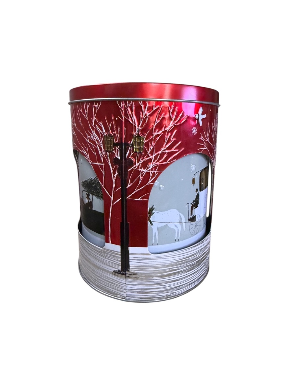 Stockmeyer Rotating Music Tin | Empty | Red Winter Village Decor | Gift Box - Picture 2 of 6